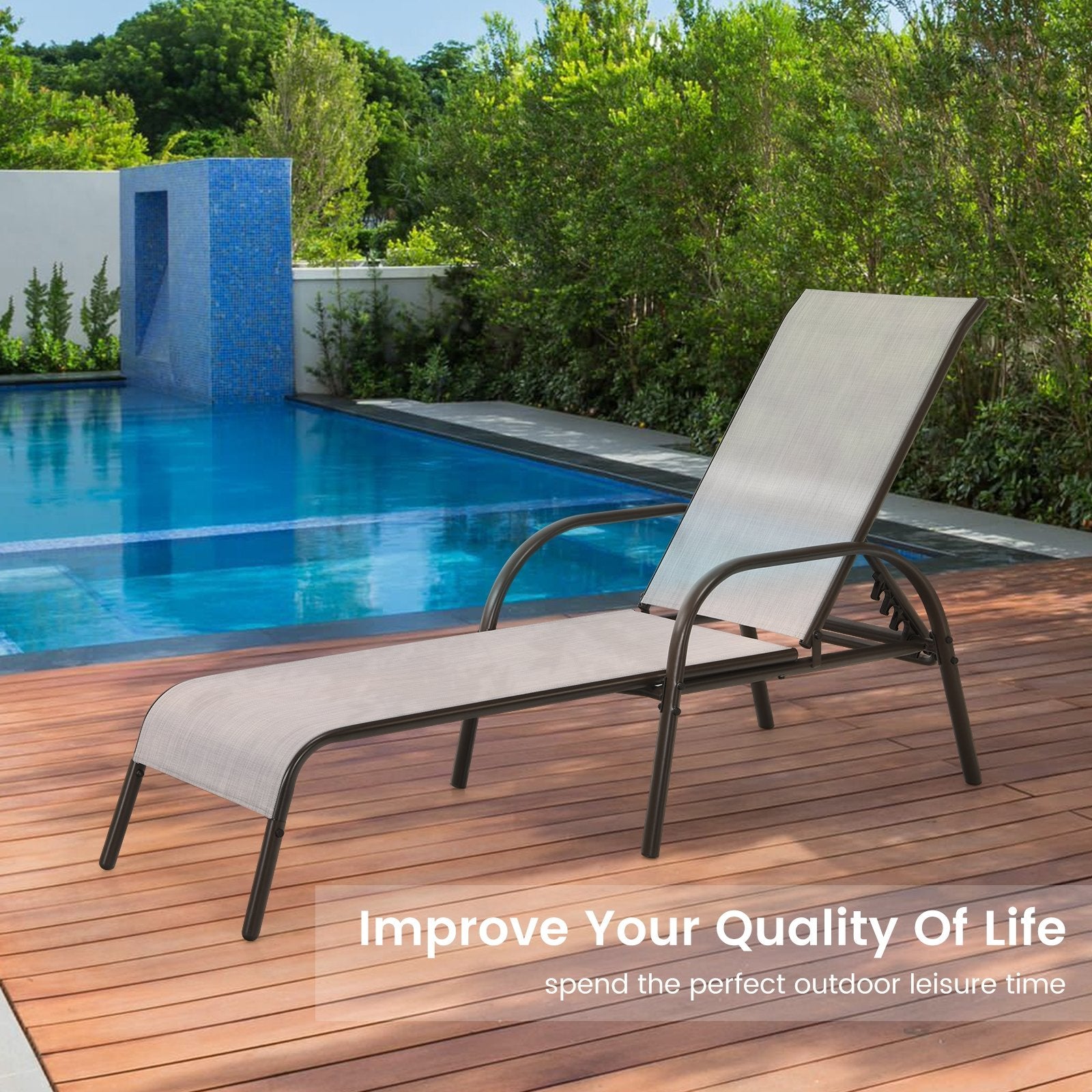 Adjustable Patio Chaise Outdoor Folding Lounge Chair with Adjustable Backrest, Gray Outdoor Chaise Lounges   at Gallery Canada