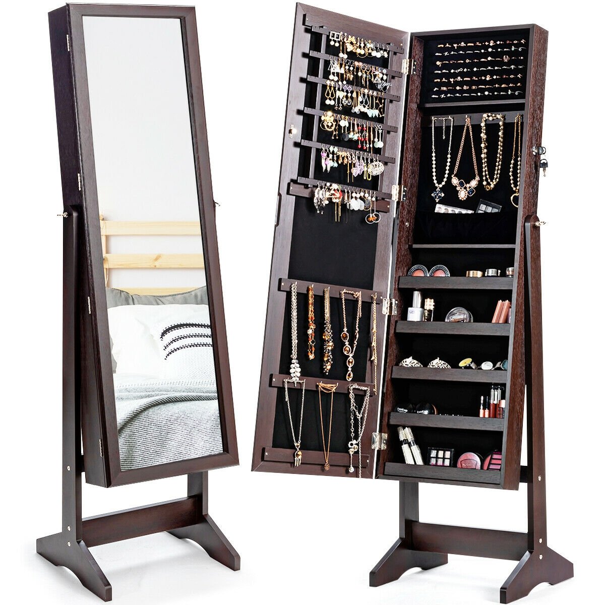 Jewelry Cabinet Stand Mirror Armoire with Large Storage Box, Brown Jewelry Armoires   at Gallery Canada