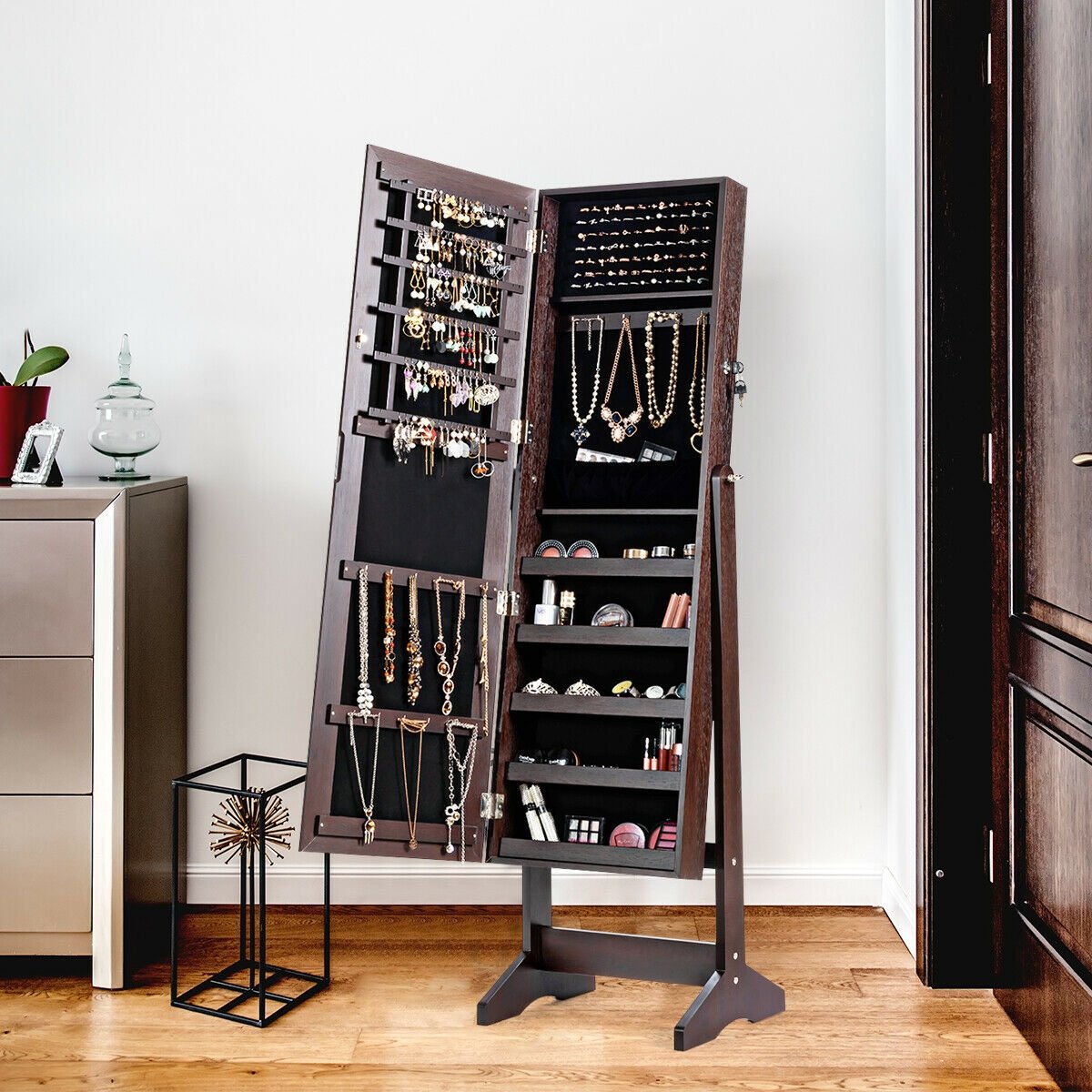 Jewelry Cabinet Stand Mirror Armoire with Large Storage Box, Brown Jewelry Armoires   at Gallery Canada