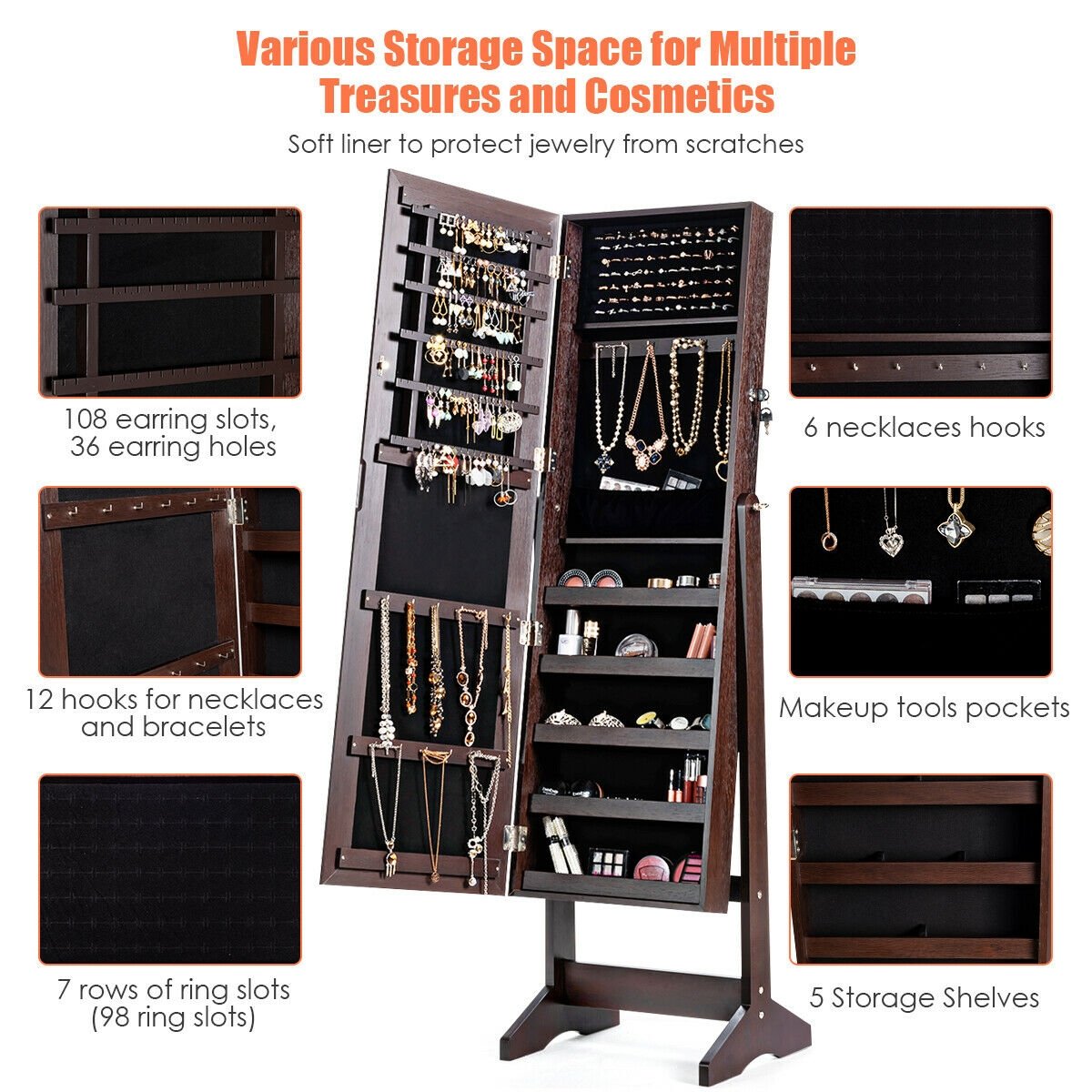 Jewelry Cabinet Stand Mirror Armoire with Large Storage Box, Brown Jewelry Armoires   at Gallery Canada