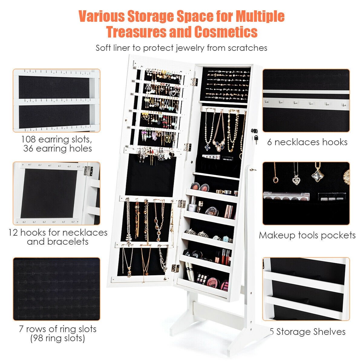 Jewelry Cabinet Stand Mirror Armoire with Large Storage Box, White Jewelry Armoires   at Gallery Canada