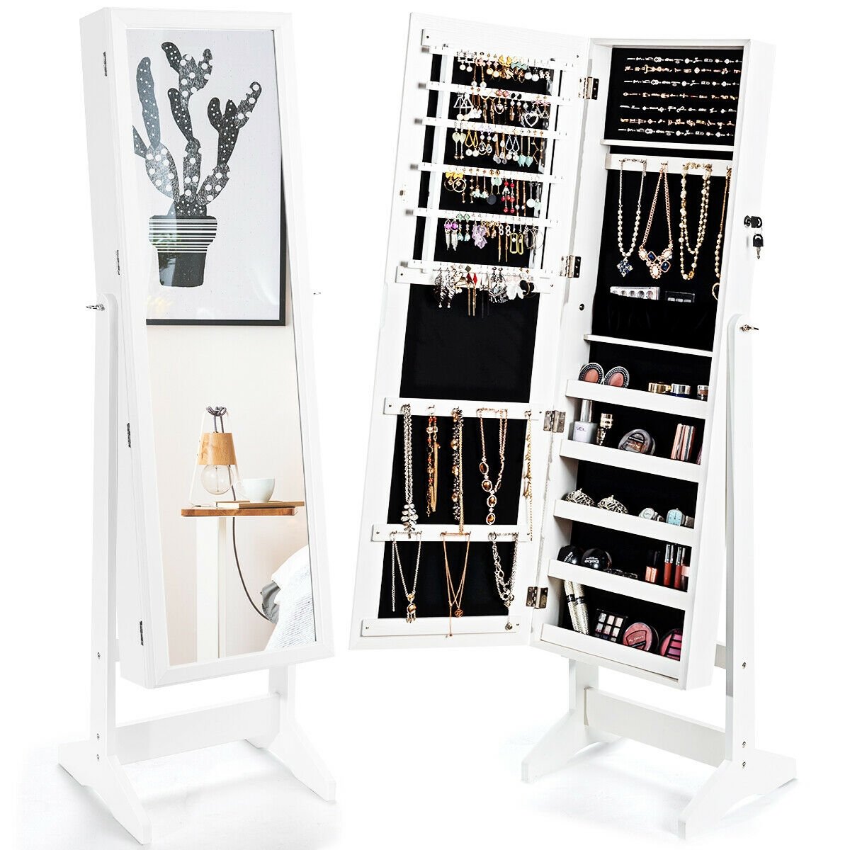 Jewelry Cabinet Stand Mirror Armoire with Large Storage Box, White Jewelry Armoires   at Gallery Canada