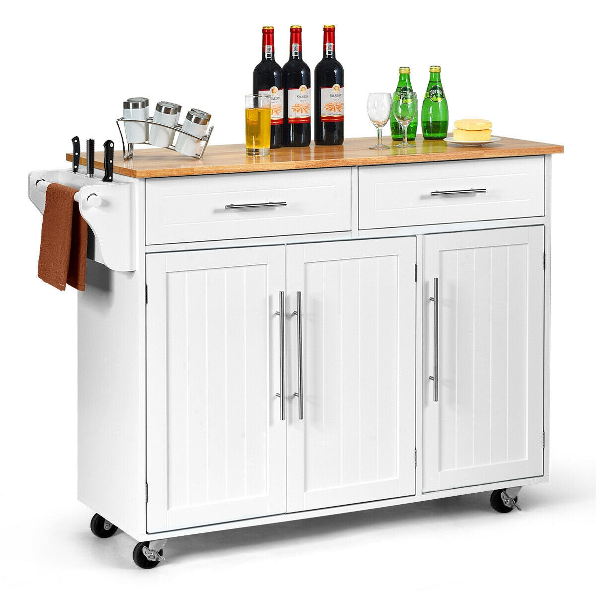 Kitchen Island Trolley Cart Wood Top Rolling Storage Cabinet, White Kitchen Islands & Carts   at Gallery Canada