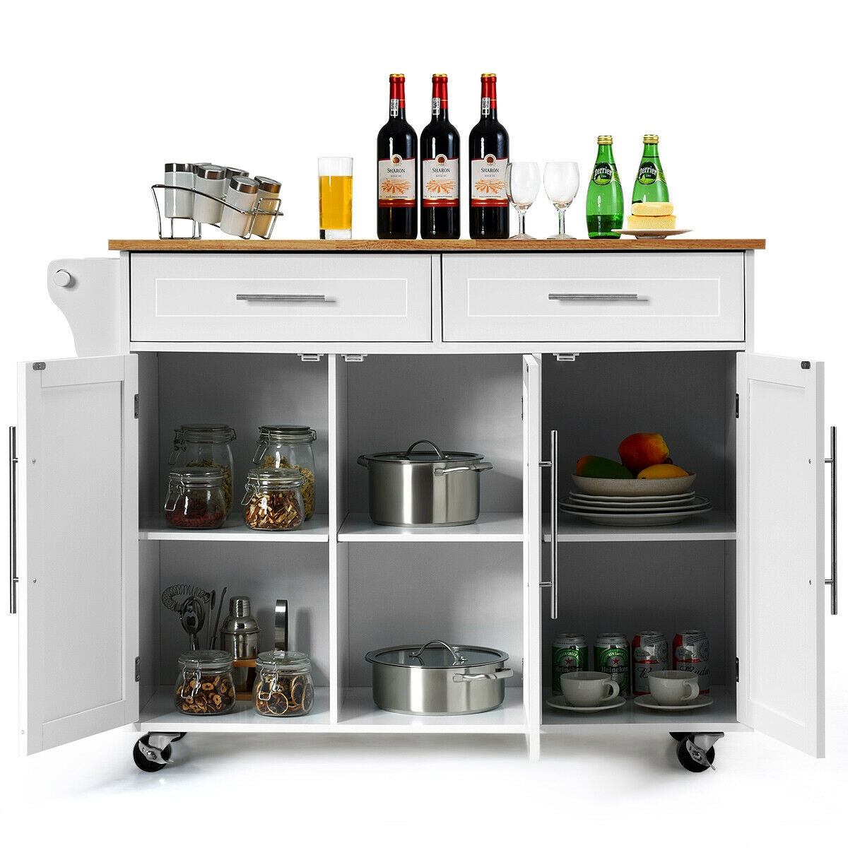 Kitchen Island Trolley Cart Wood Top Rolling Storage Cabinet, White Kitchen Islands & Carts   at Gallery Canada