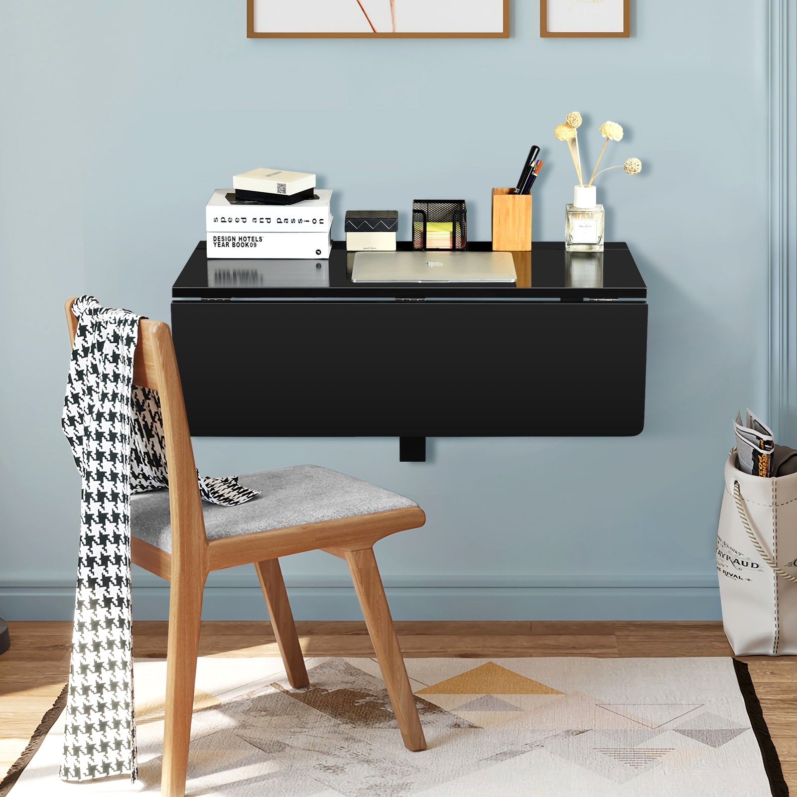 Space Saver Folding Wall-Mounted Drop-Leaf Table, Black Laptop Tables & Printer Stands   at Gallery Canada