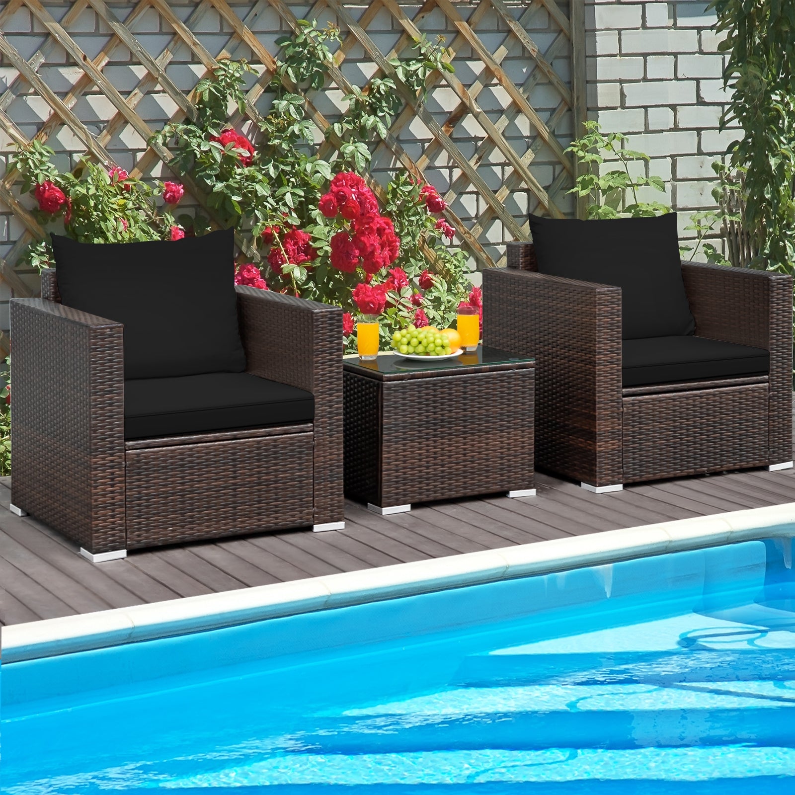 3 Pcs Patio Conversation Rattan Furniture Set with Cushion, Black Patio Conversation Sets   at Gallery Canada