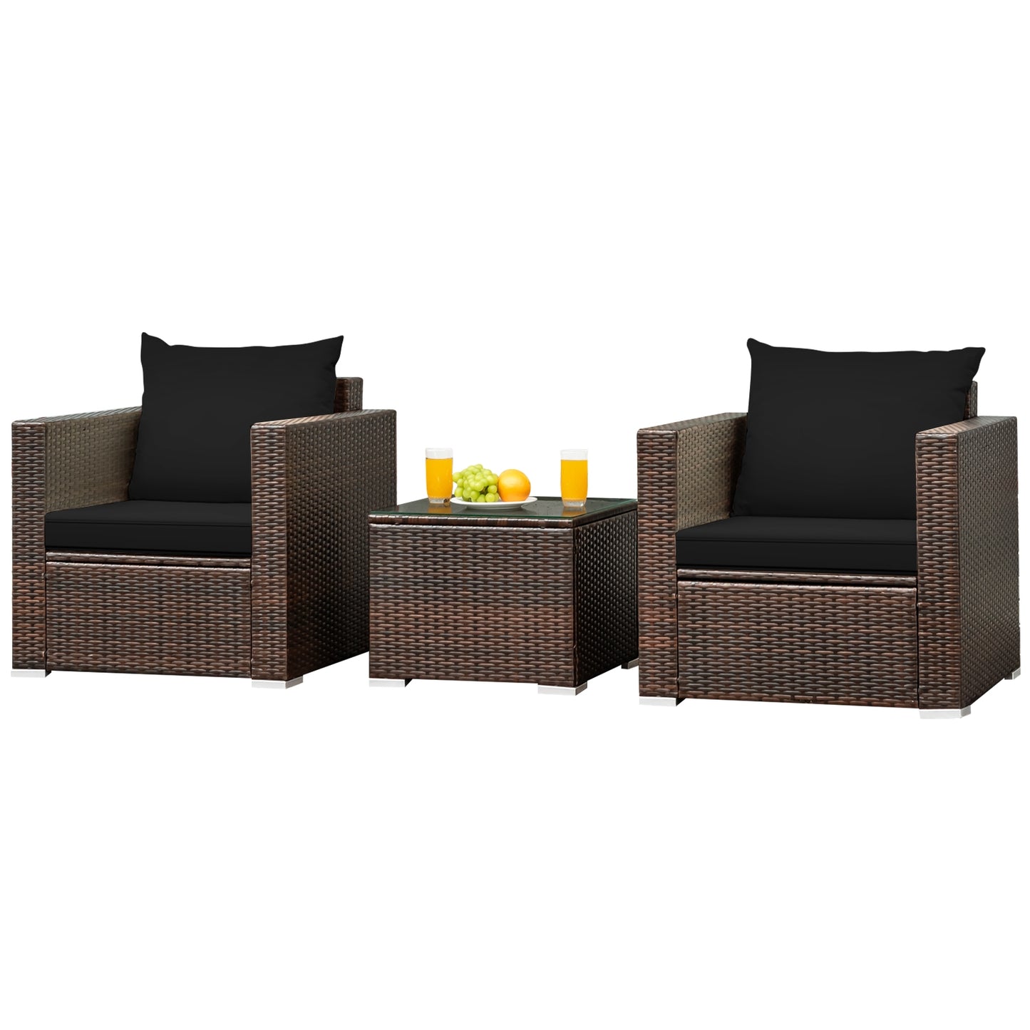 3 Pcs Patio Conversation Rattan Furniture Set with Cushion, Black Patio Conversation Sets   at Gallery Canada