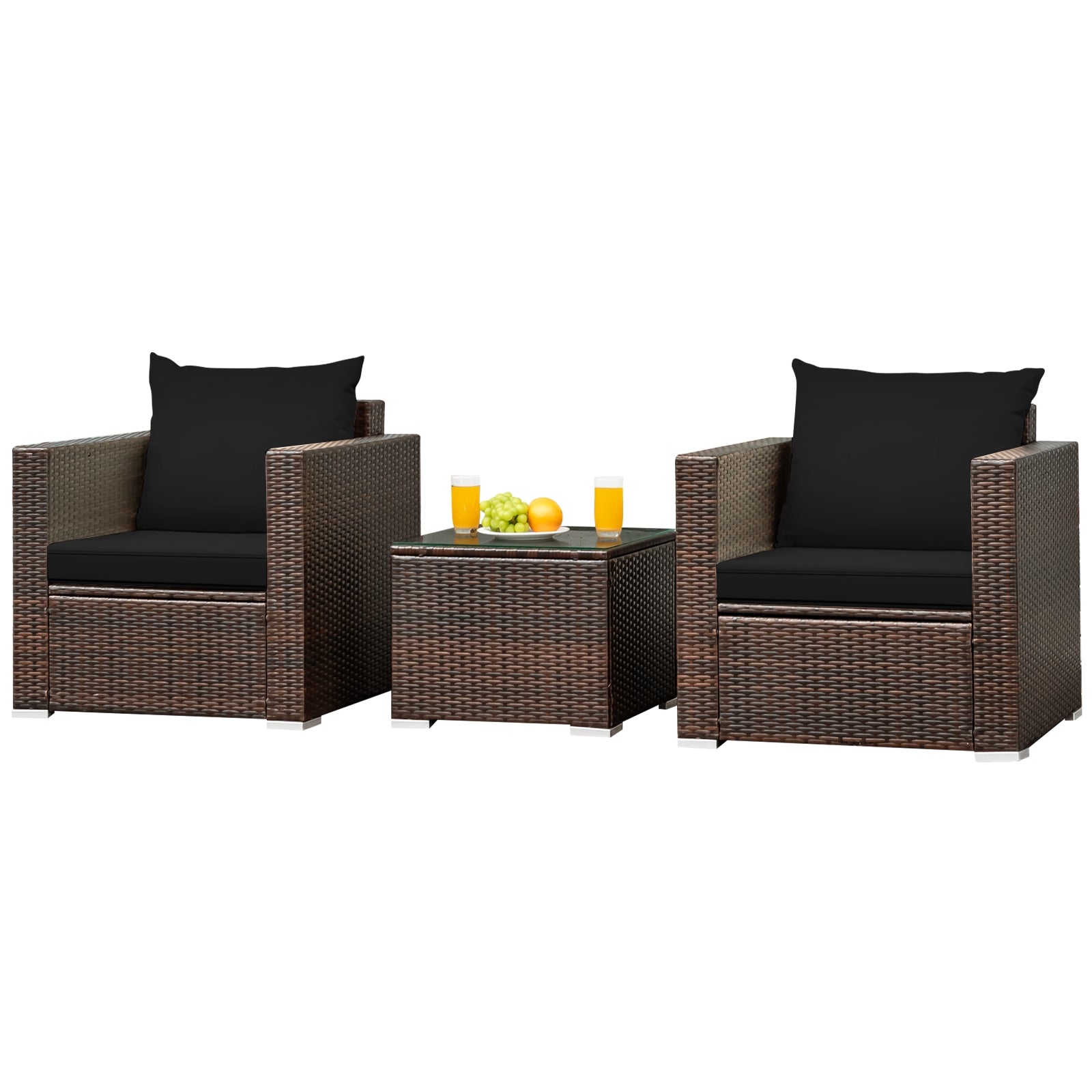 3 Pcs Patio Conversation Rattan Furniture Set with Cushion, Black Patio Conversation Sets   at Gallery Canada