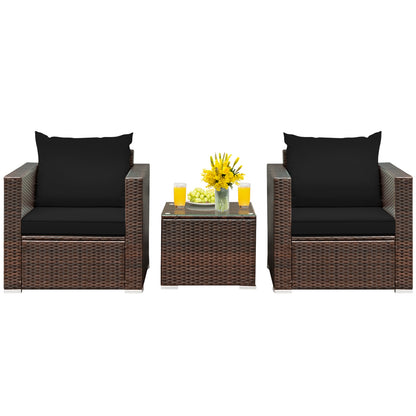 3 Pcs Patio Conversation Rattan Furniture Set with Cushion, Black Patio Conversation Sets Black  at Gallery Canada