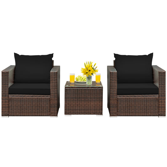 3 Pcs Patio Conversation Rattan Furniture Set with Cushion, Black Patio Conversation Sets Black  at Gallery Canada