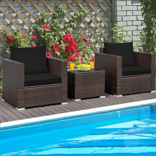 3 Pcs Patio Conversation Rattan Furniture Set with Cushion, Black