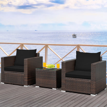 3 Pcs Patio Conversation Rattan Furniture Set with Cushion, Black Patio Conversation Sets   at Gallery Canada