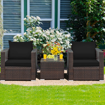 3 Pcs Patio Conversation Rattan Furniture Set with Cushion, Black Patio Conversation Sets   at Gallery Canada