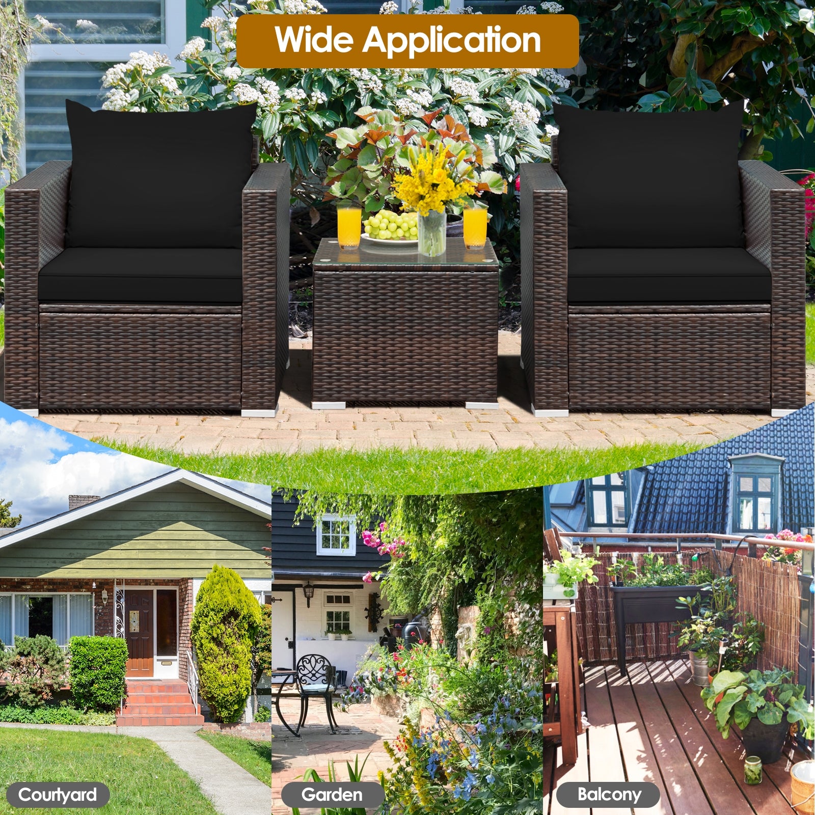 3 Pcs Patio Conversation Rattan Furniture Set with Cushion, Black Patio Conversation Sets   at Gallery Canada