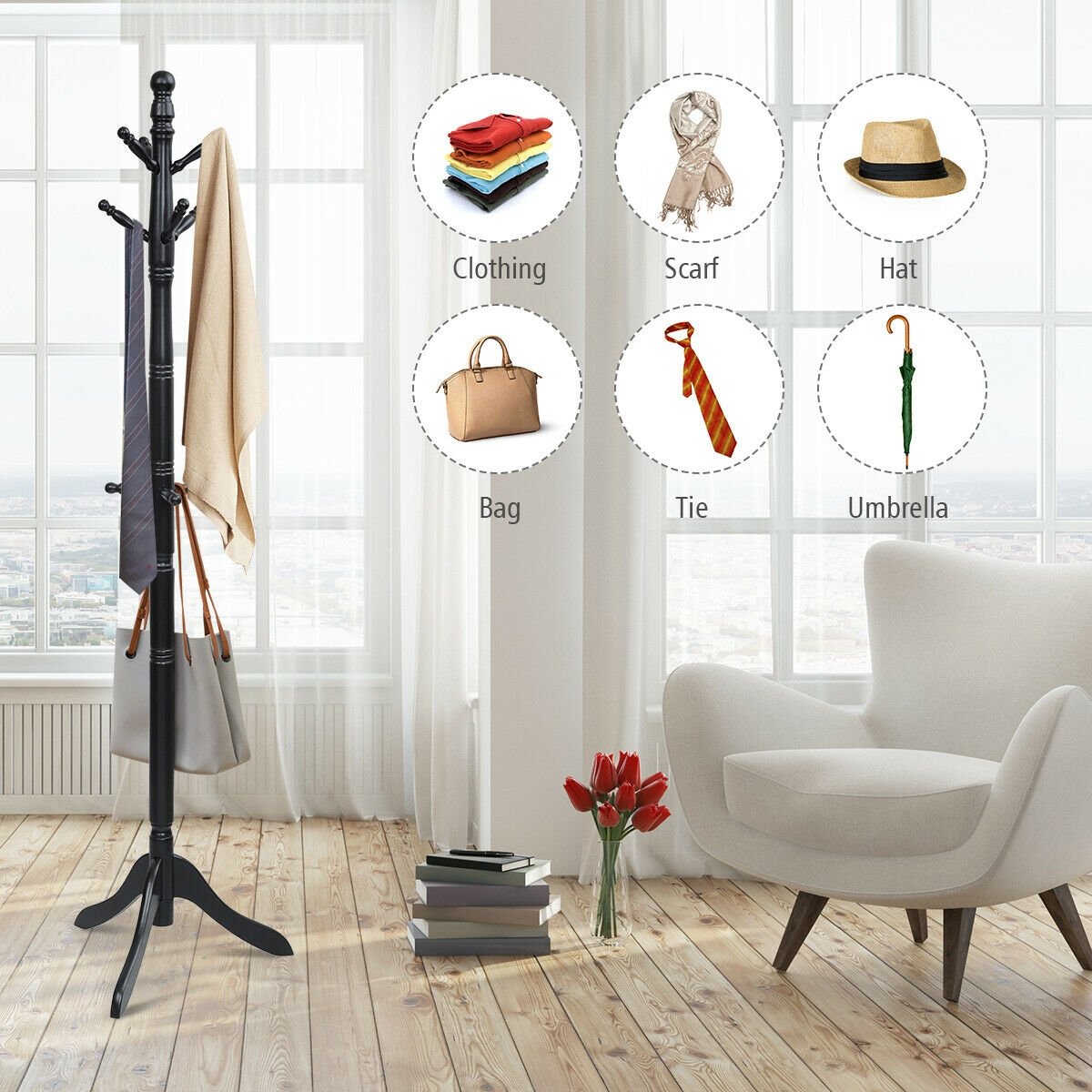 Adjustable Free Standing Wooden Coat Rack, Black Coat Racks & Hall Trees   at Gallery Canada