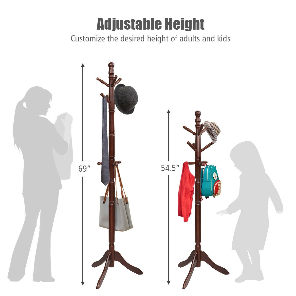 Adjustable Free Standing Wooden Coat Rack, Brown - Gallery Canada