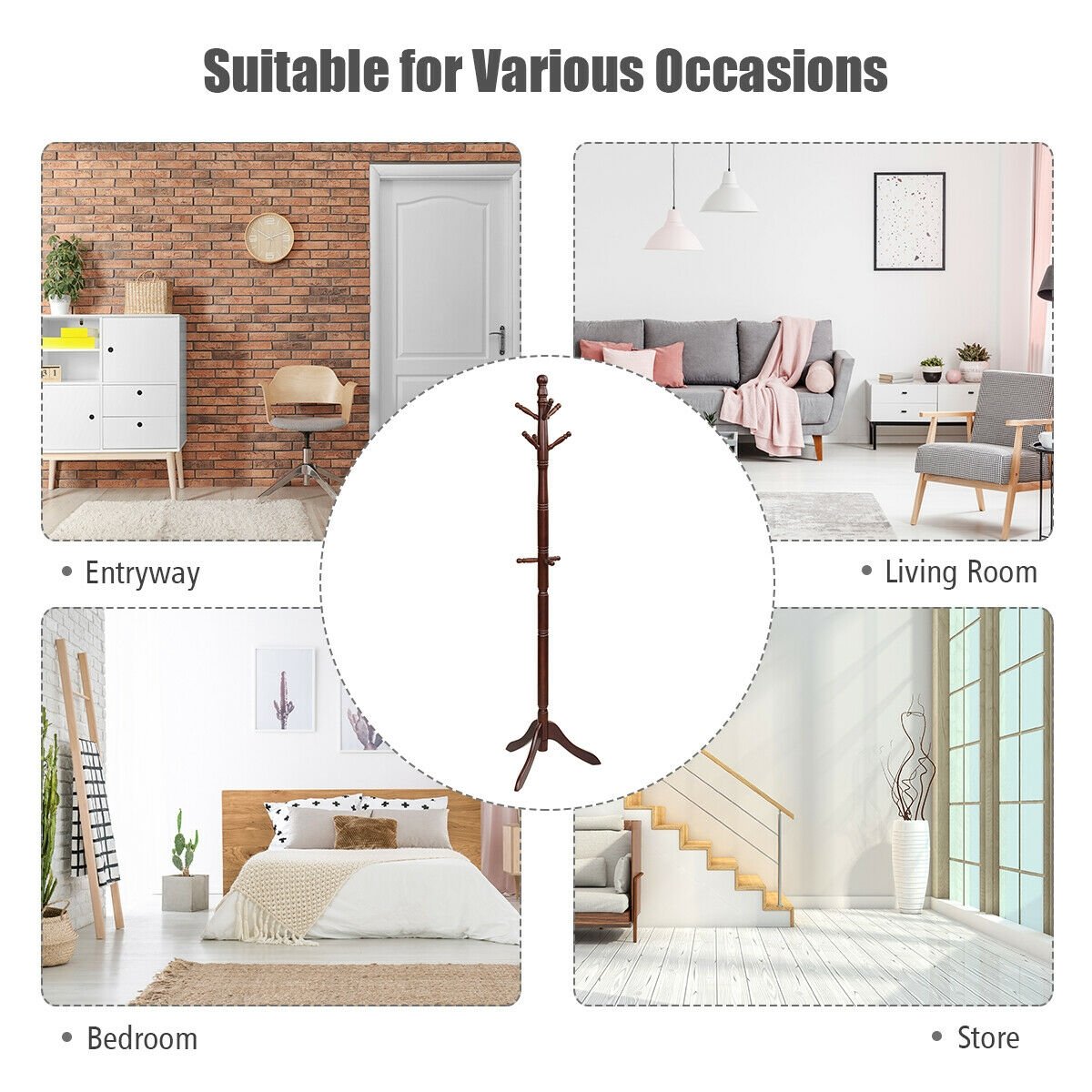 Adjustable Free Standing Wooden Coat Rack, Brown Coat Racks & Hall Trees   at Gallery Canada