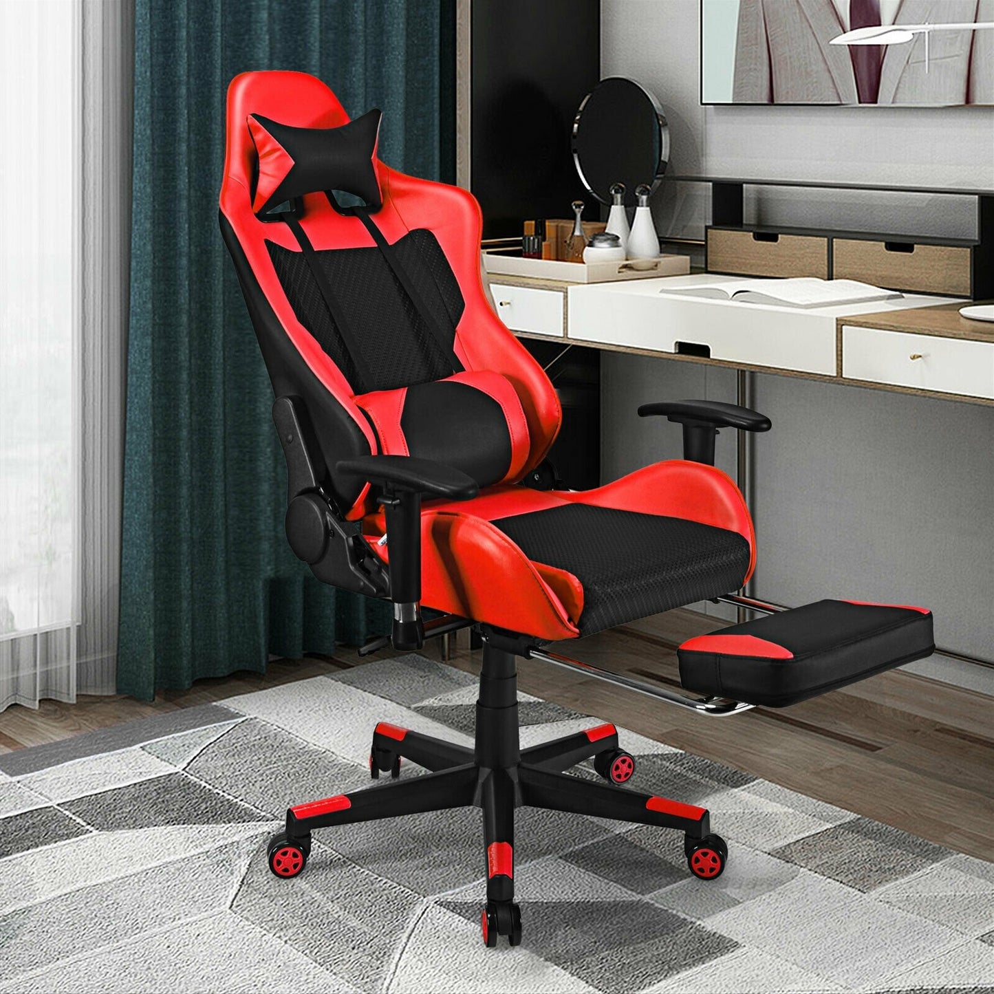 PU Leather Gaming Chair with USB Massage Lumbar Pillow and Footrest, Red - Gallery Canada