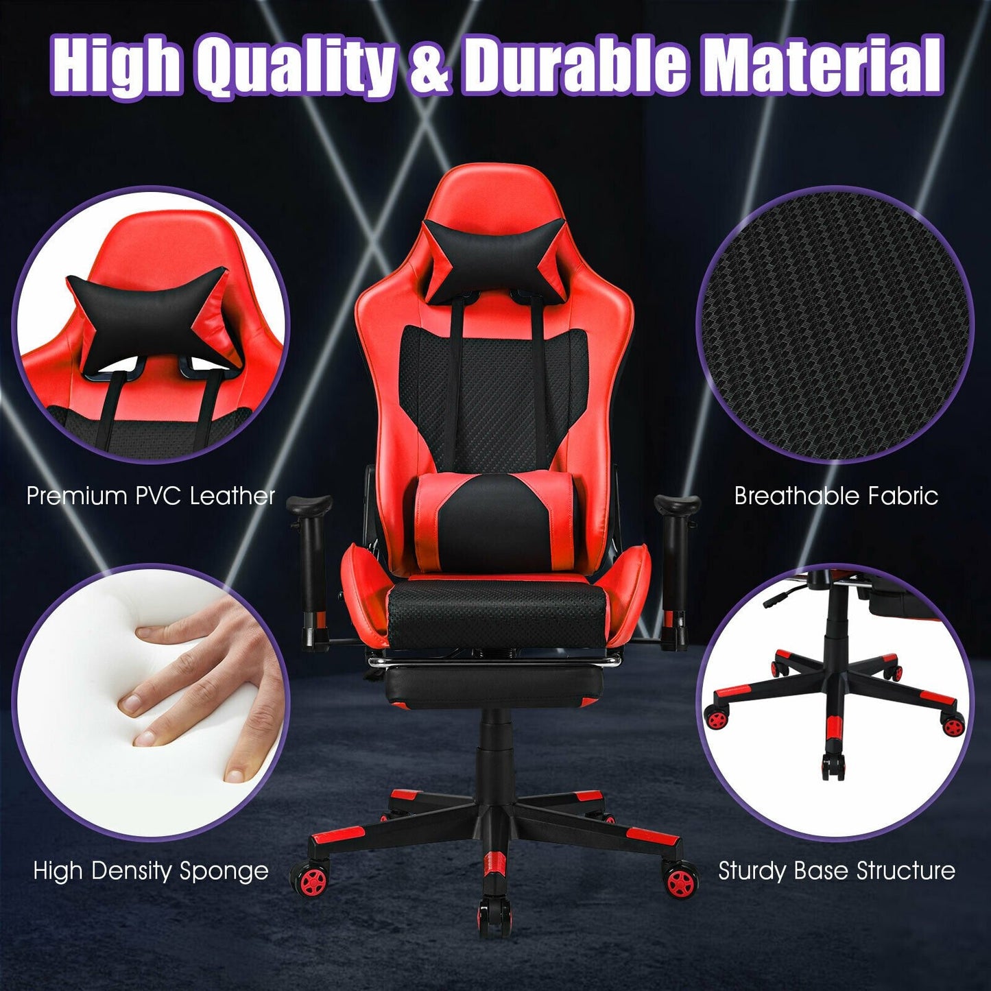 PU Leather Gaming Chair with USB Massage Lumbar Pillow and Footrest, Red - Gallery Canada