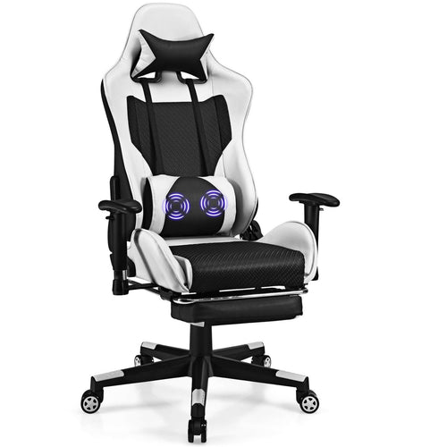 PU Leather Gaming Chair with USB Massage Lumbar Pillow and Footrest, White