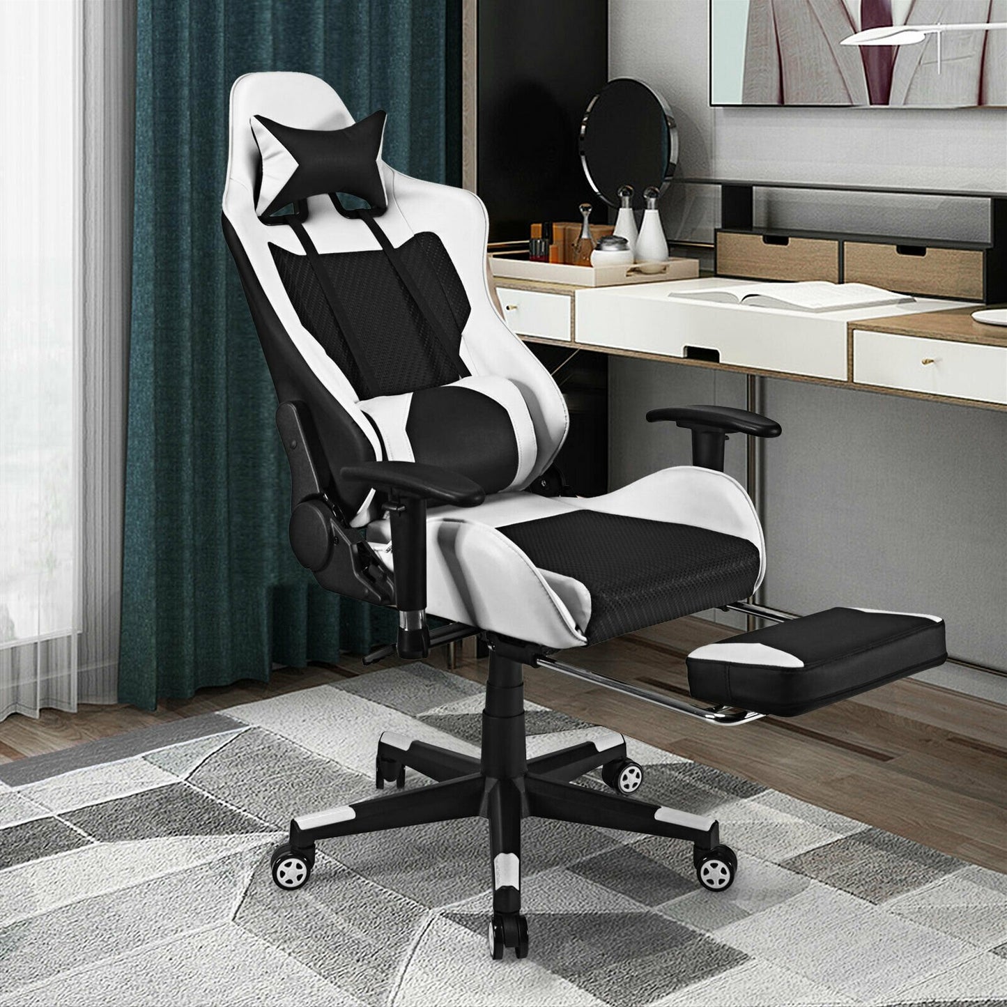 PU Leather Gaming Chair with USB Massage Lumbar Pillow and Footrest, White - Gallery Canada
