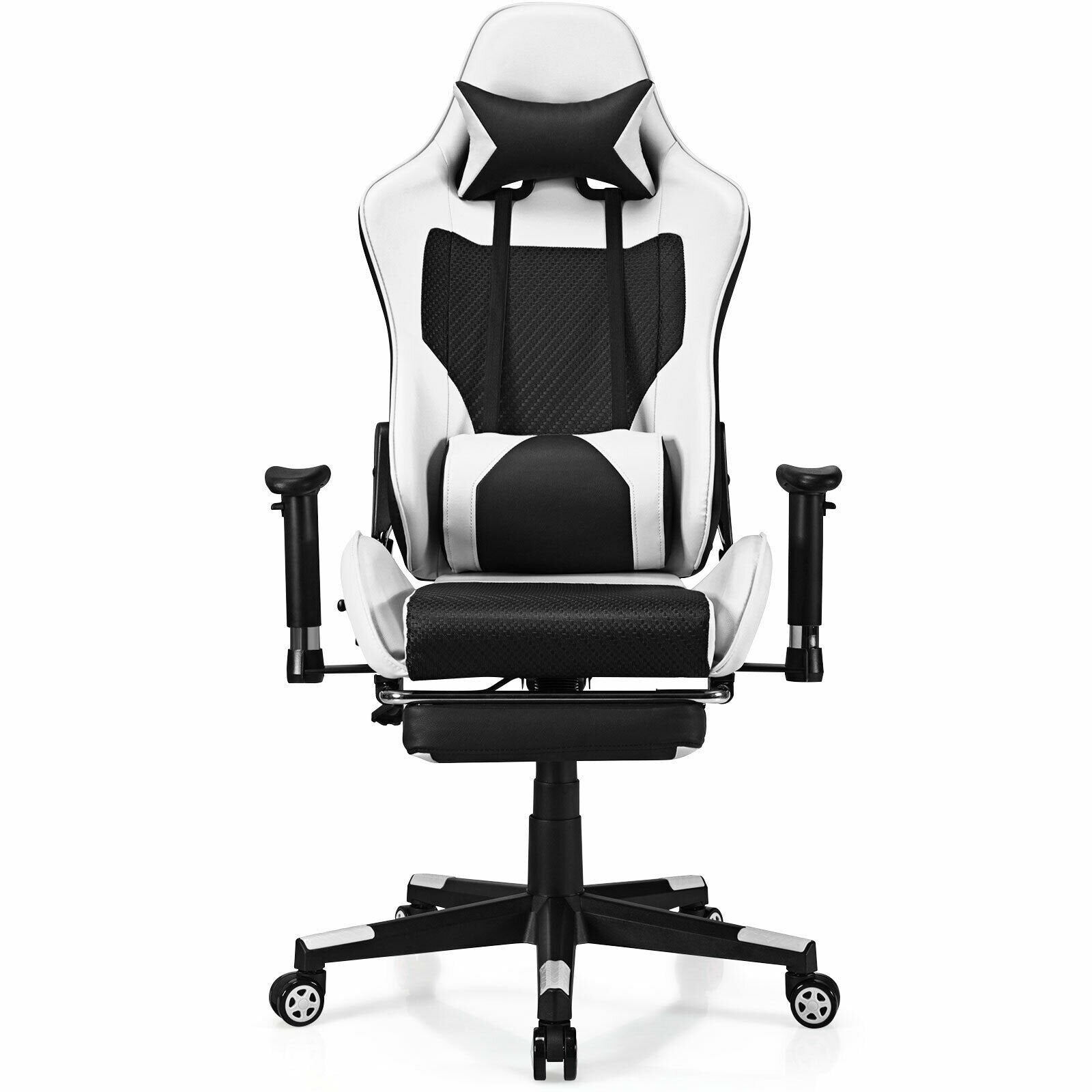PU Leather Gaming Chair with USB Massage Lumbar Pillow and Footrest, White - Gallery Canada