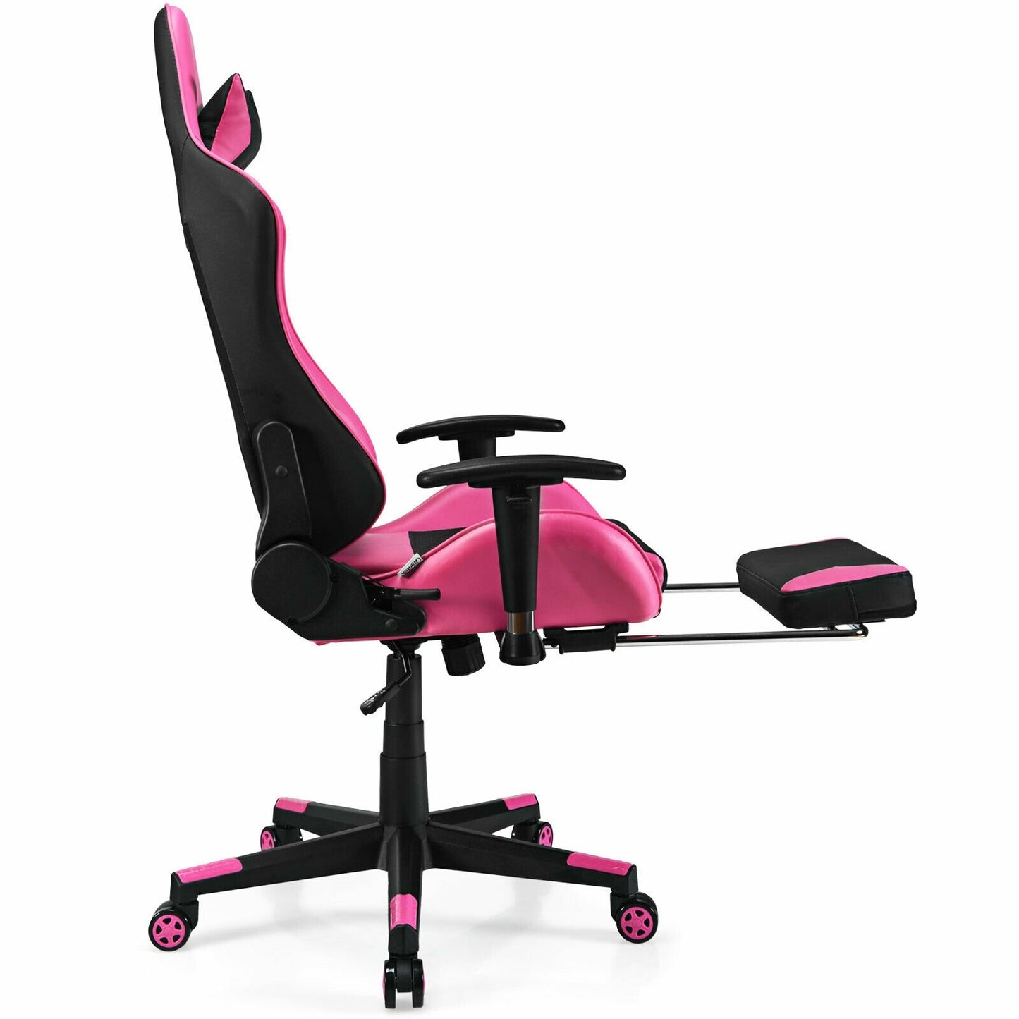 PU Leather Gaming Chair with USB Massage Lumbar Pillow and Footrest, Pink - Gallery Canada