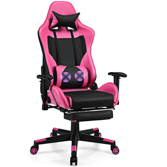 PU Leather Gaming Chair with USB Massage Lumbar Pillow and Footrest, Pink - Gallery Canada