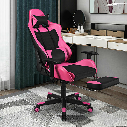 PU Leather Gaming Chair with USB Massage Lumbar Pillow and Footrest, Pink Gaming Chairs at Gallery Canada