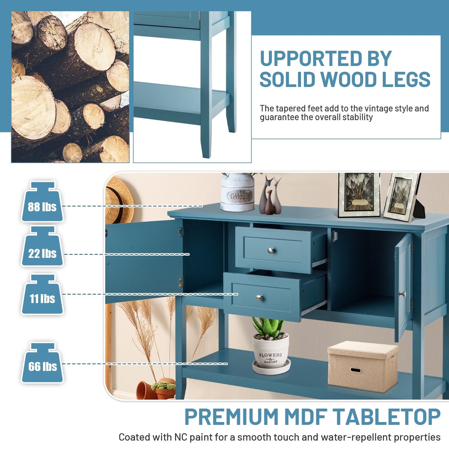 Wooden Sideboard Buffet Console Table with Drawers and Storage, Blue Console Tables   at Gallery Canada