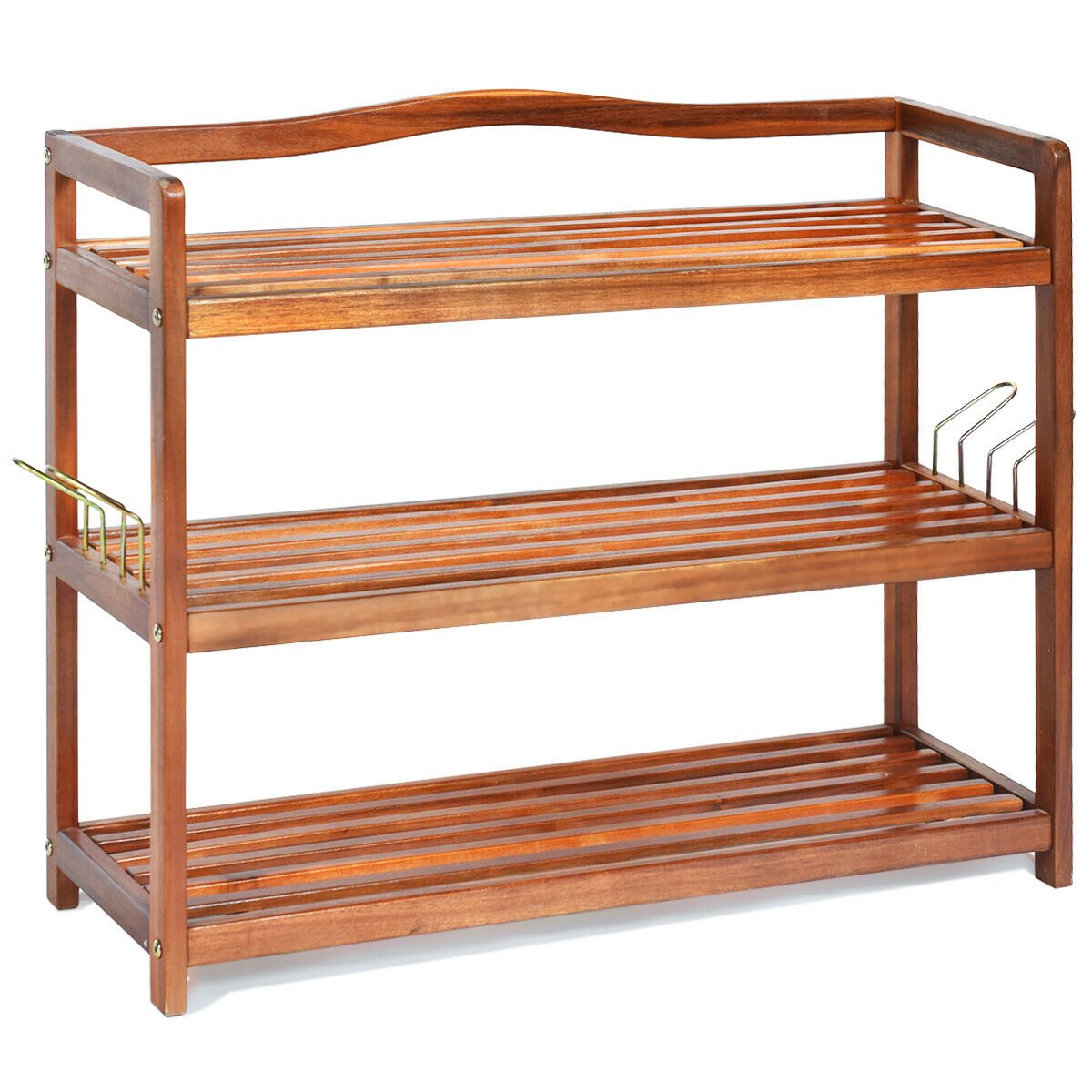 3-Tier Acacia Wood Shoe Rack with Side Metal Hooks, Natural Shoe Racks & Storage Benches   at Gallery Canada