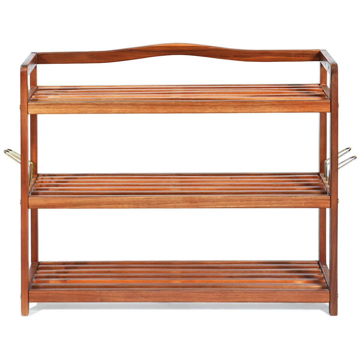 3-Tier Acacia Wood Shoe Rack with Side Metal Hooks, Natural Shoe Racks & Storage Benches   at Gallery Canada