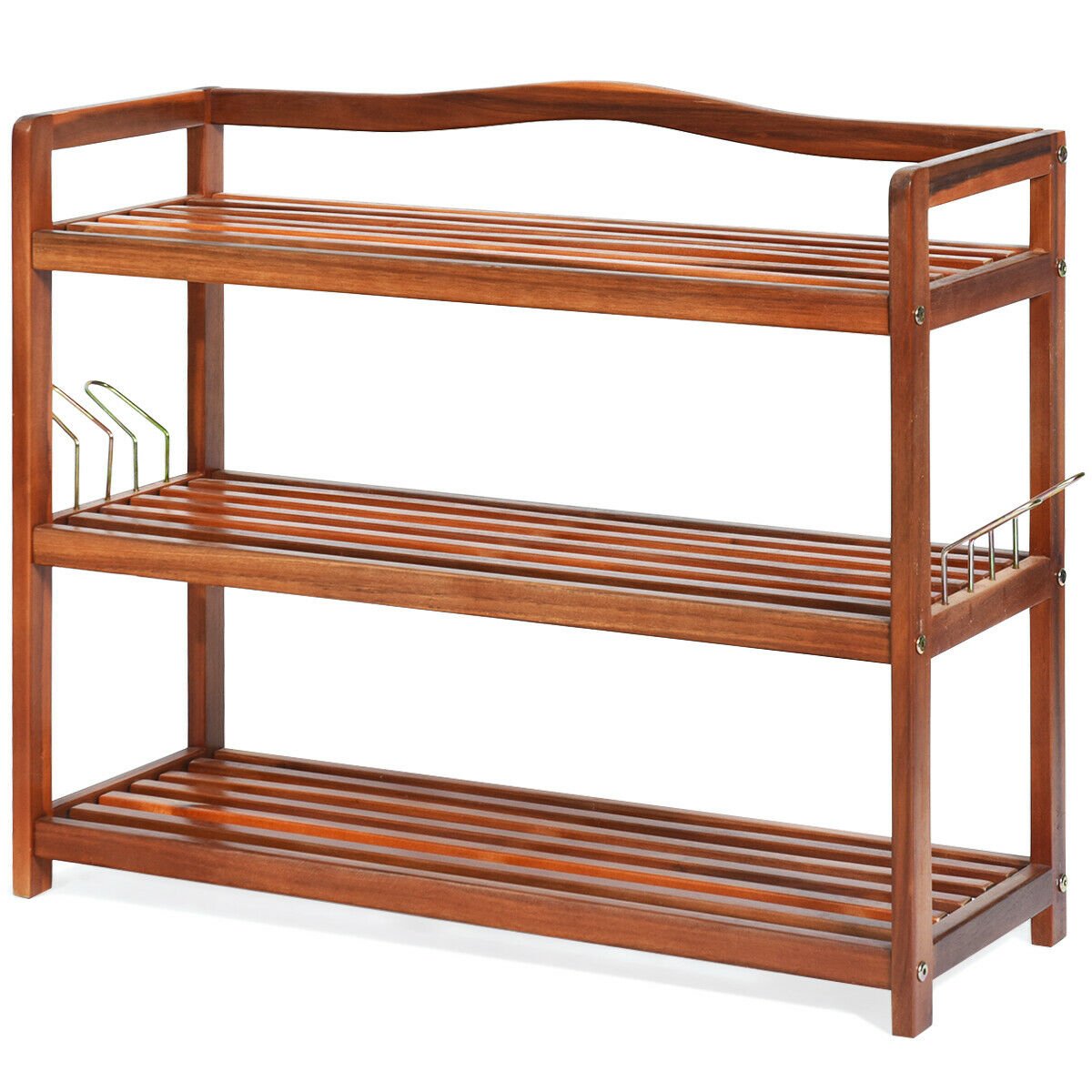 3-Tier Acacia Wood Shoe Rack with Side Metal Hooks, Natural Shoe Racks & Storage Benches   at Gallery Canada