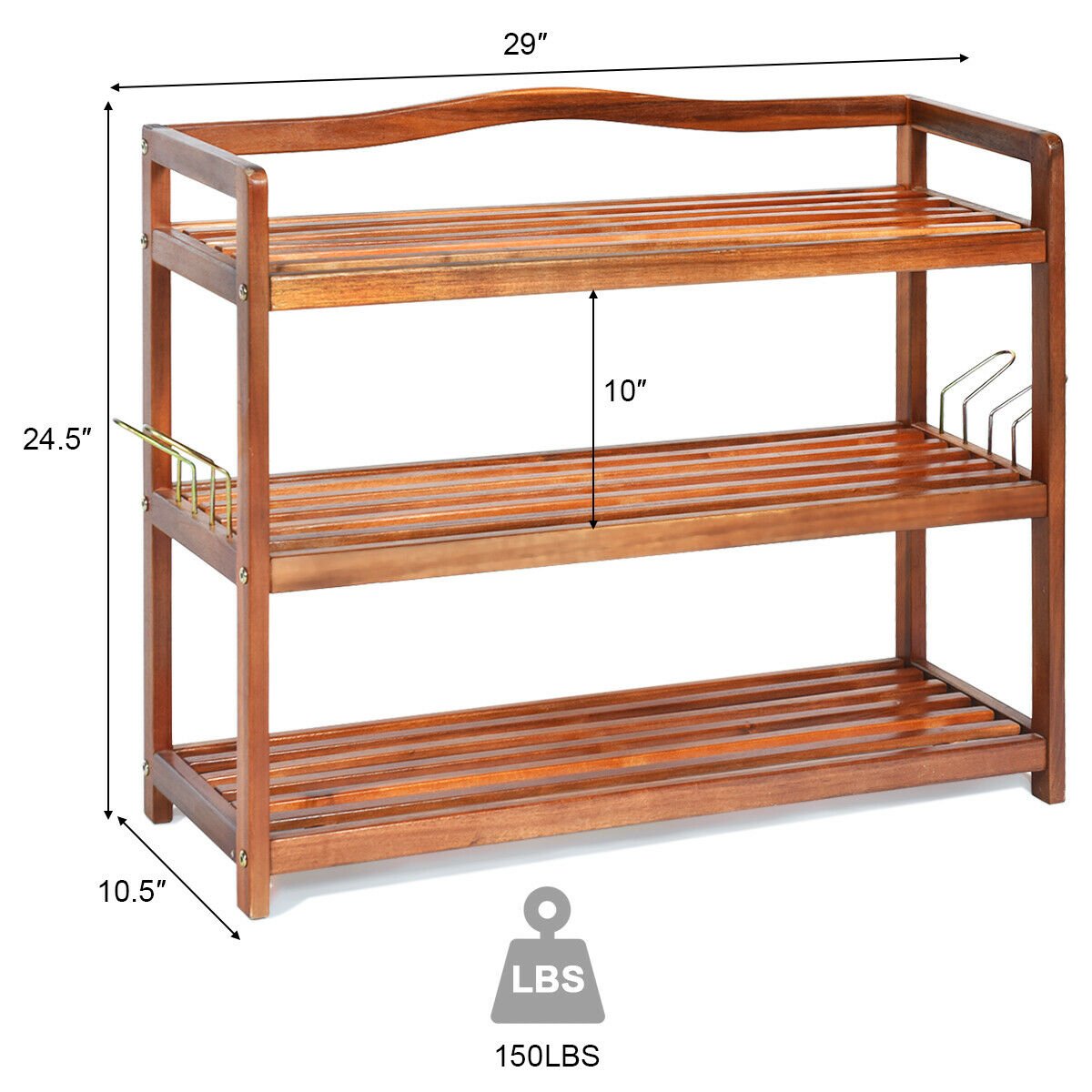 3-Tier Acacia Wood Shoe Rack with Side Metal Hooks, Natural Shoe Racks & Storage Benches   at Gallery Canada