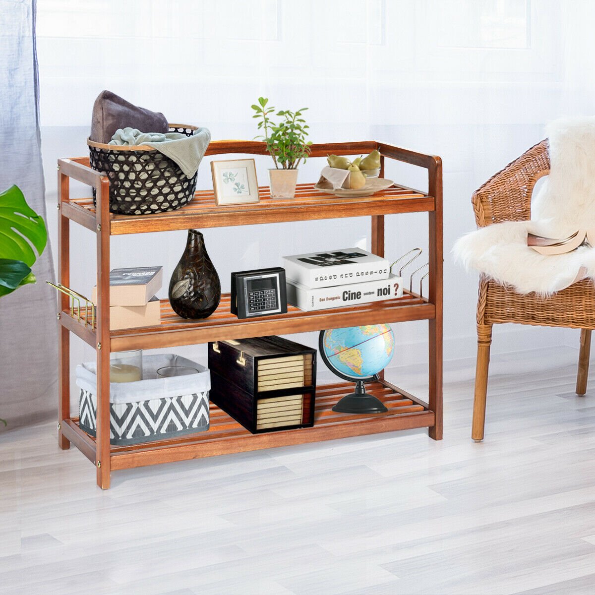 3-Tier Acacia Wood Shoe Rack with Side Metal Hooks, Natural Shoe Racks & Storage Benches   at Gallery Canada