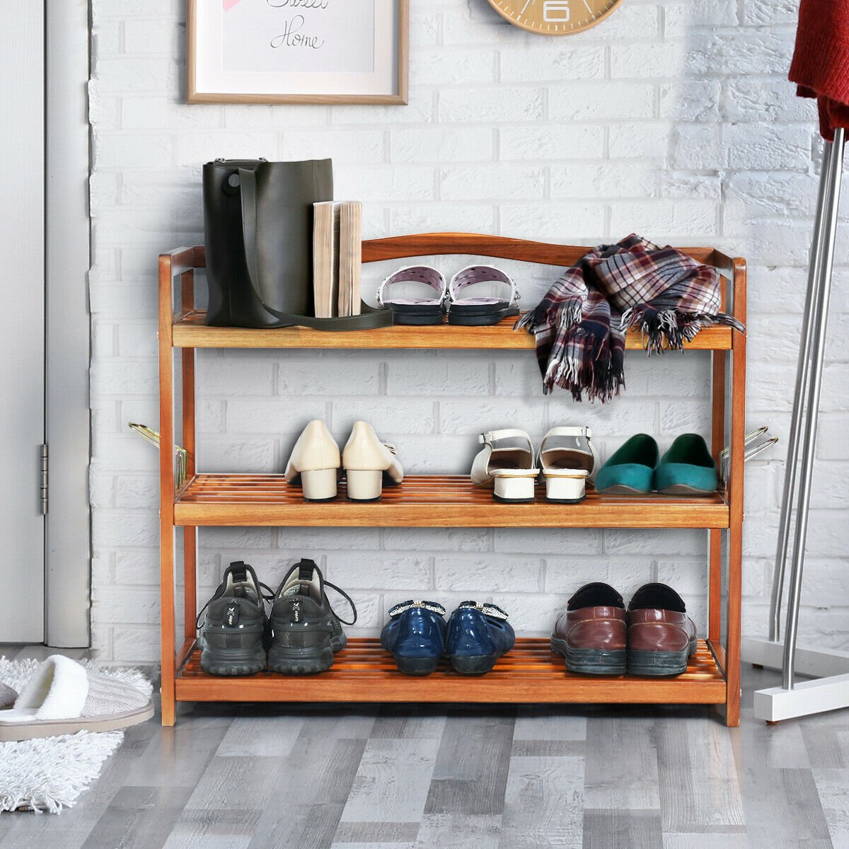 3-Tier Acacia Wood Shoe Rack with Side Metal Hooks, Natural Shoe Racks & Storage Benches   at Gallery Canada