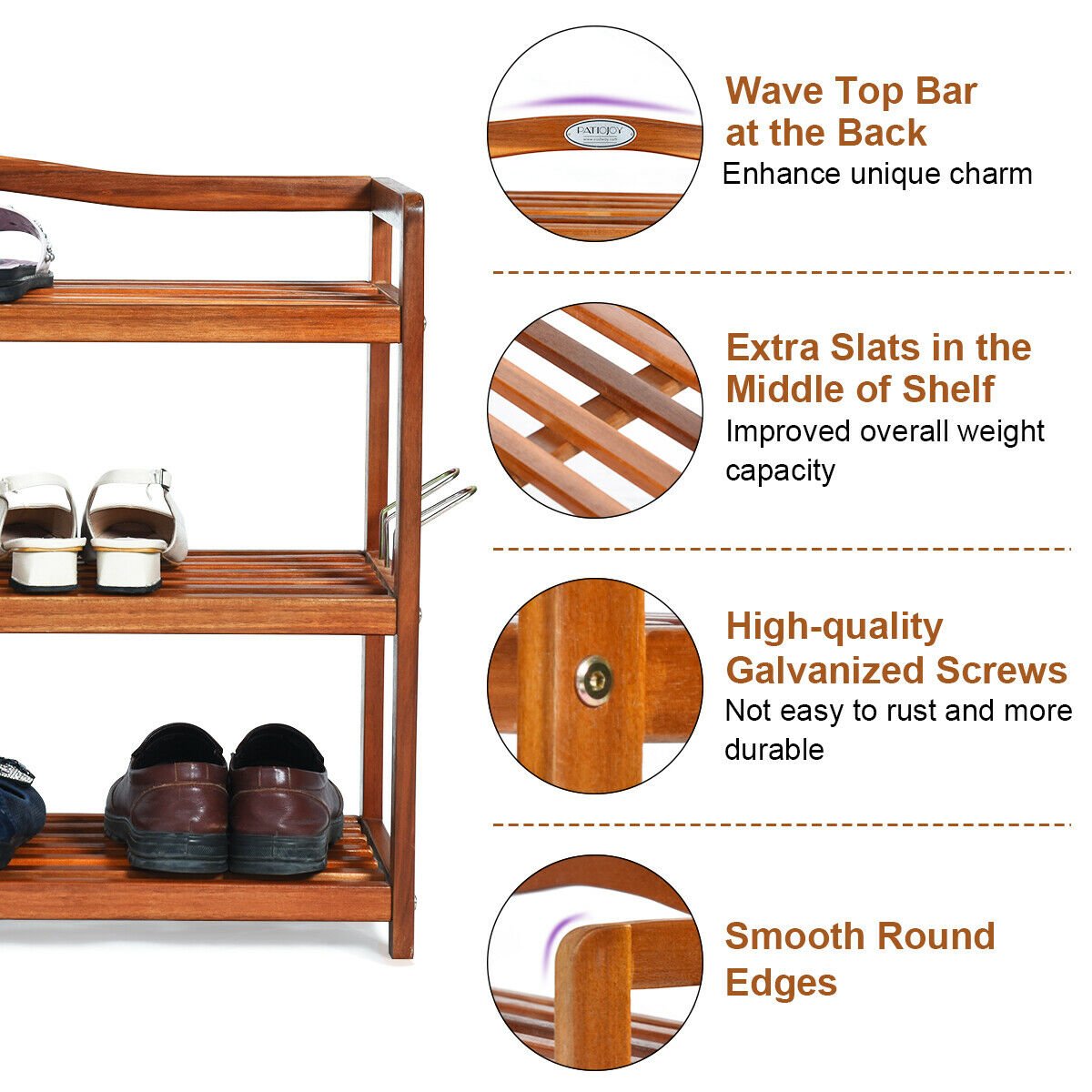 3-Tier Acacia Wood Shoe Rack with Side Metal Hooks, Natural Shoe Racks & Storage Benches   at Gallery Canada