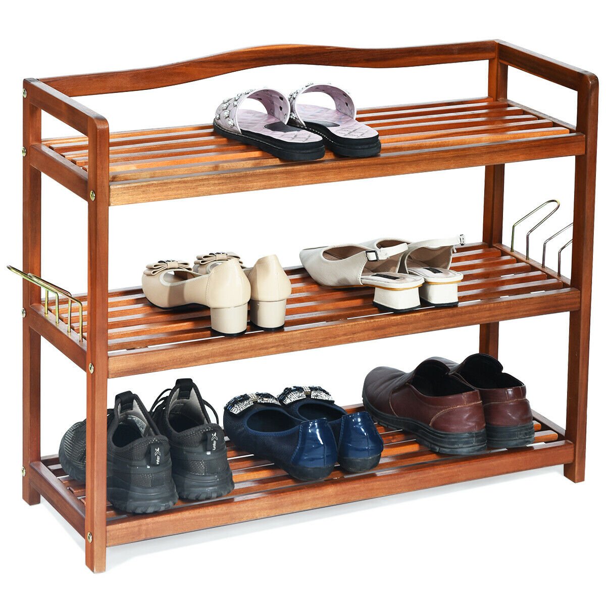 3-Tier Acacia Wood Shoe Rack with Side Metal Hooks, Natural Shoe Racks & Storage Benches   at Gallery Canada