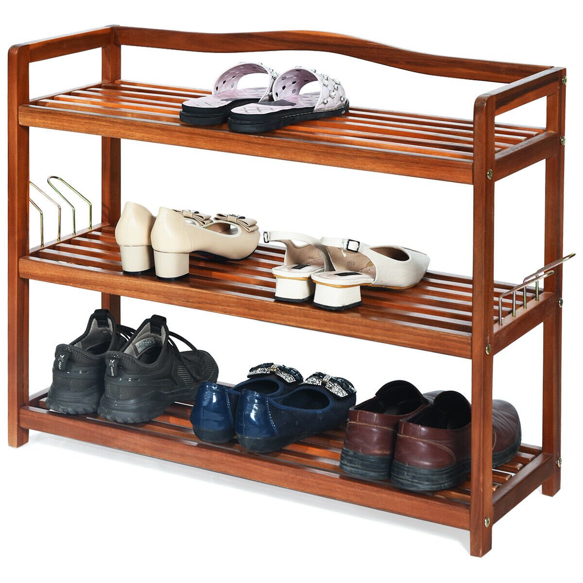 3-Tier Acacia Wood Shoe Rack with Side Metal Hooks, Natural Shoe Racks & Storage Benches   at Gallery Canada