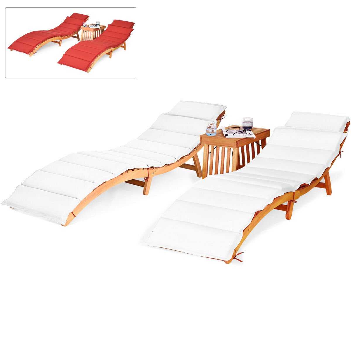 3 Pieces of Wooden Folding Patio Lounge Chair Table Set, Red Patio Conversation Sets   at Gallery Canada