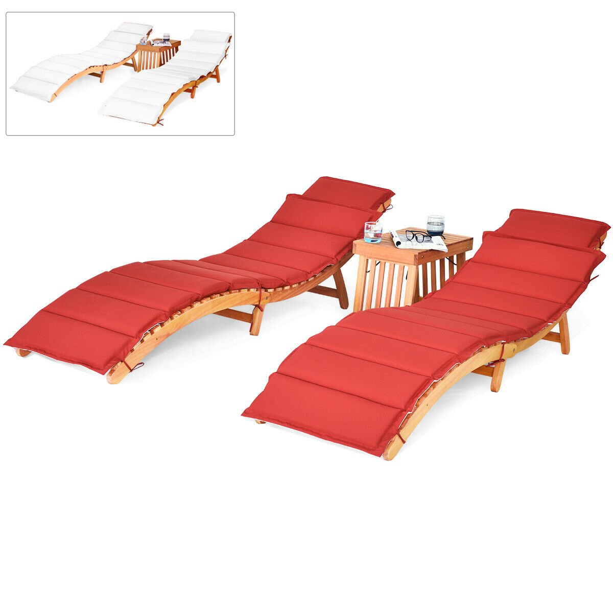 3 Pieces of Wooden Folding Patio Lounge Chair Table Set, Red Patio Conversation Sets   at Gallery Canada