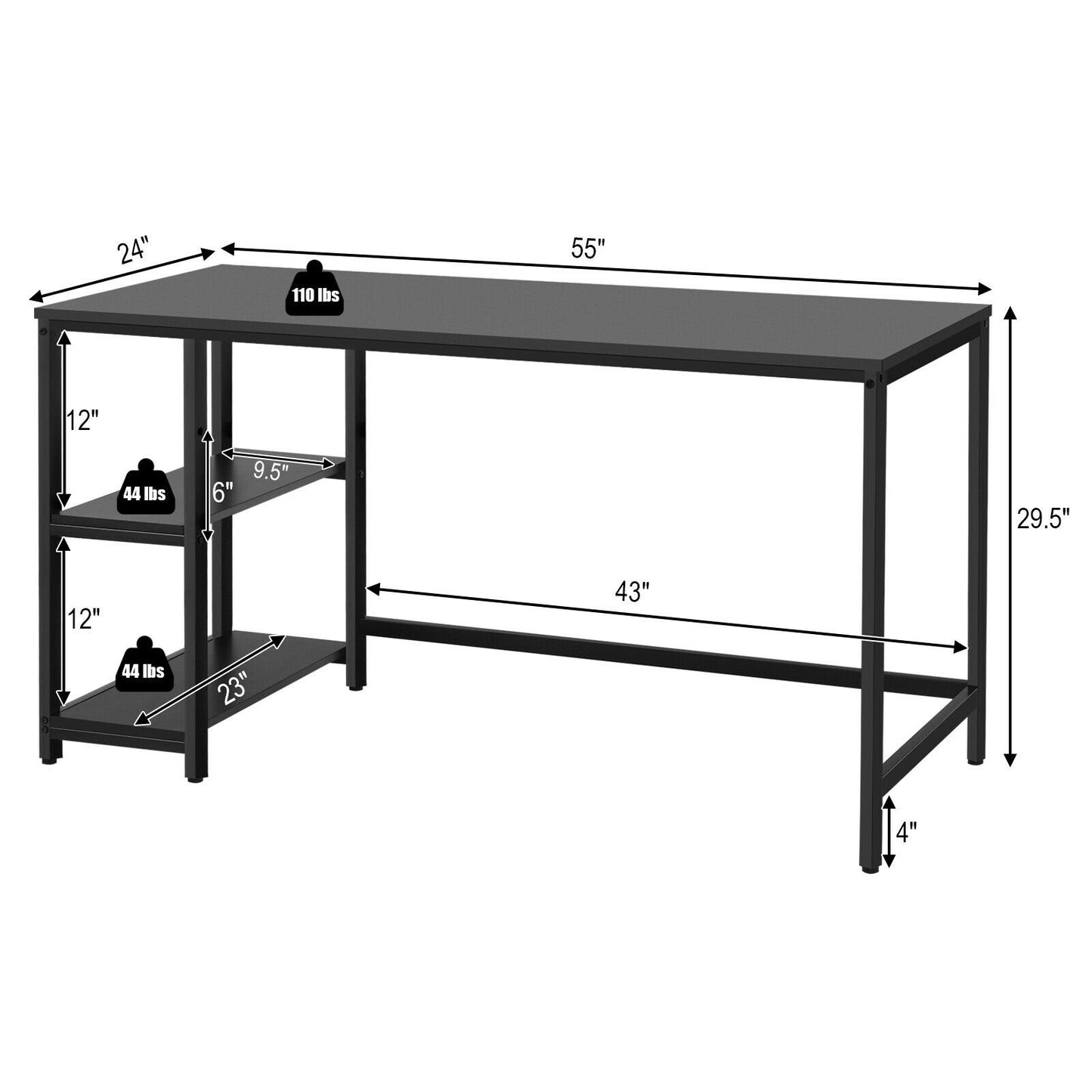 47"/55" Computer Desk Office Study Table Workstation Home with Adjustable Shelf Black-L - Gallery Canada