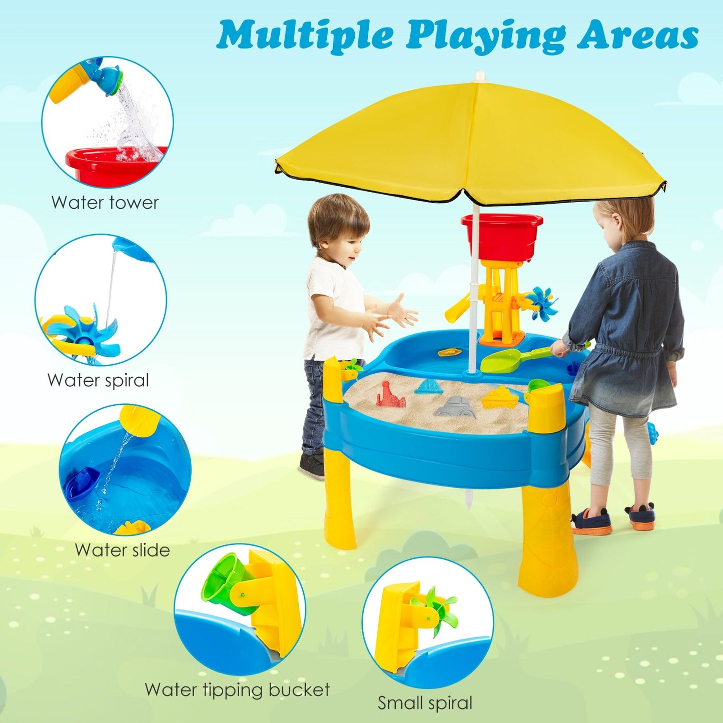 Kids Sand and Water Table for Toddlers with Umbrella and 18 Pieces Accessory Set, Multicolor - Gallery Canada