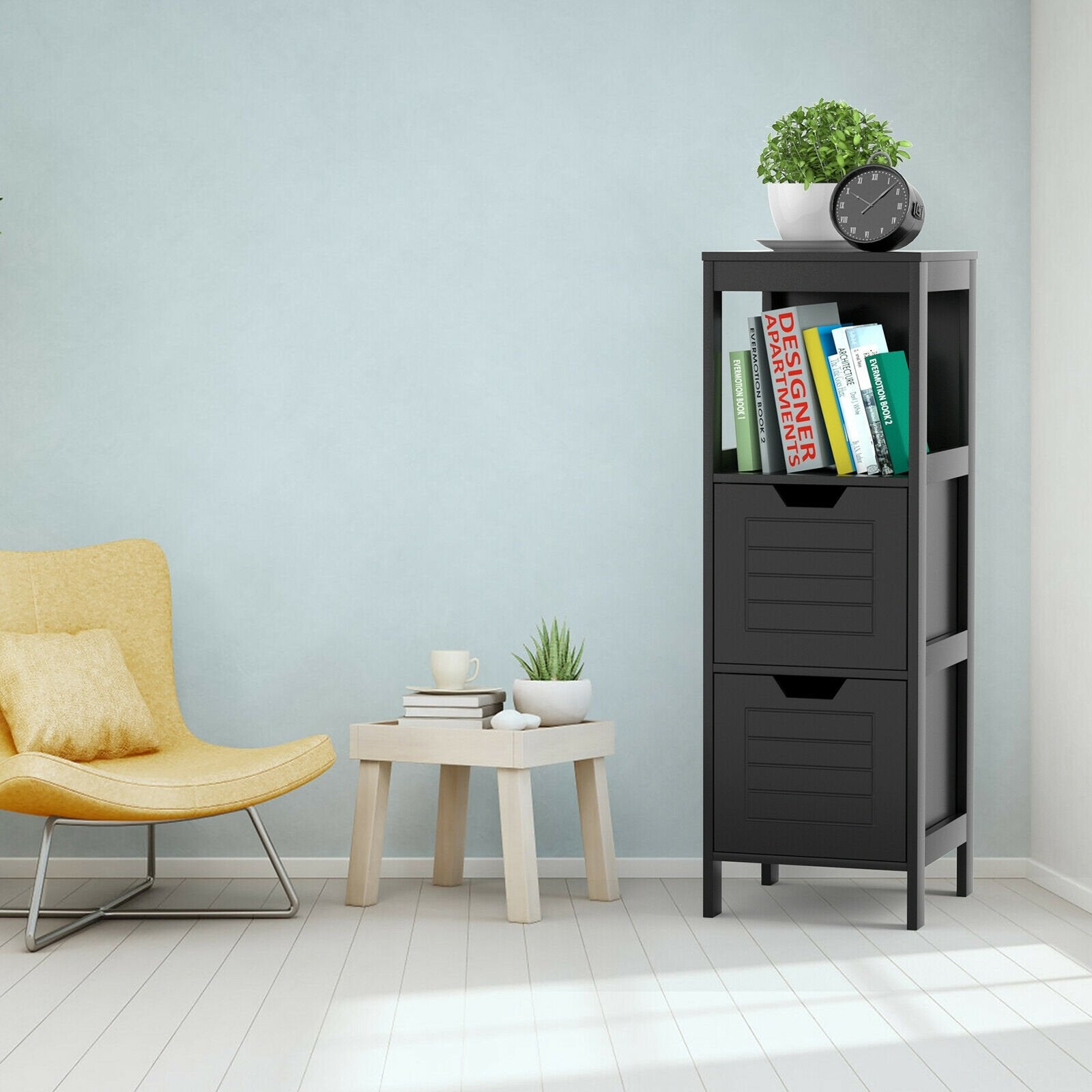 Bathroom Wooden Floor Cabinet Multifunction Storage Rack Stand Organizer, Black Floor Cabinets   at Gallery Canada