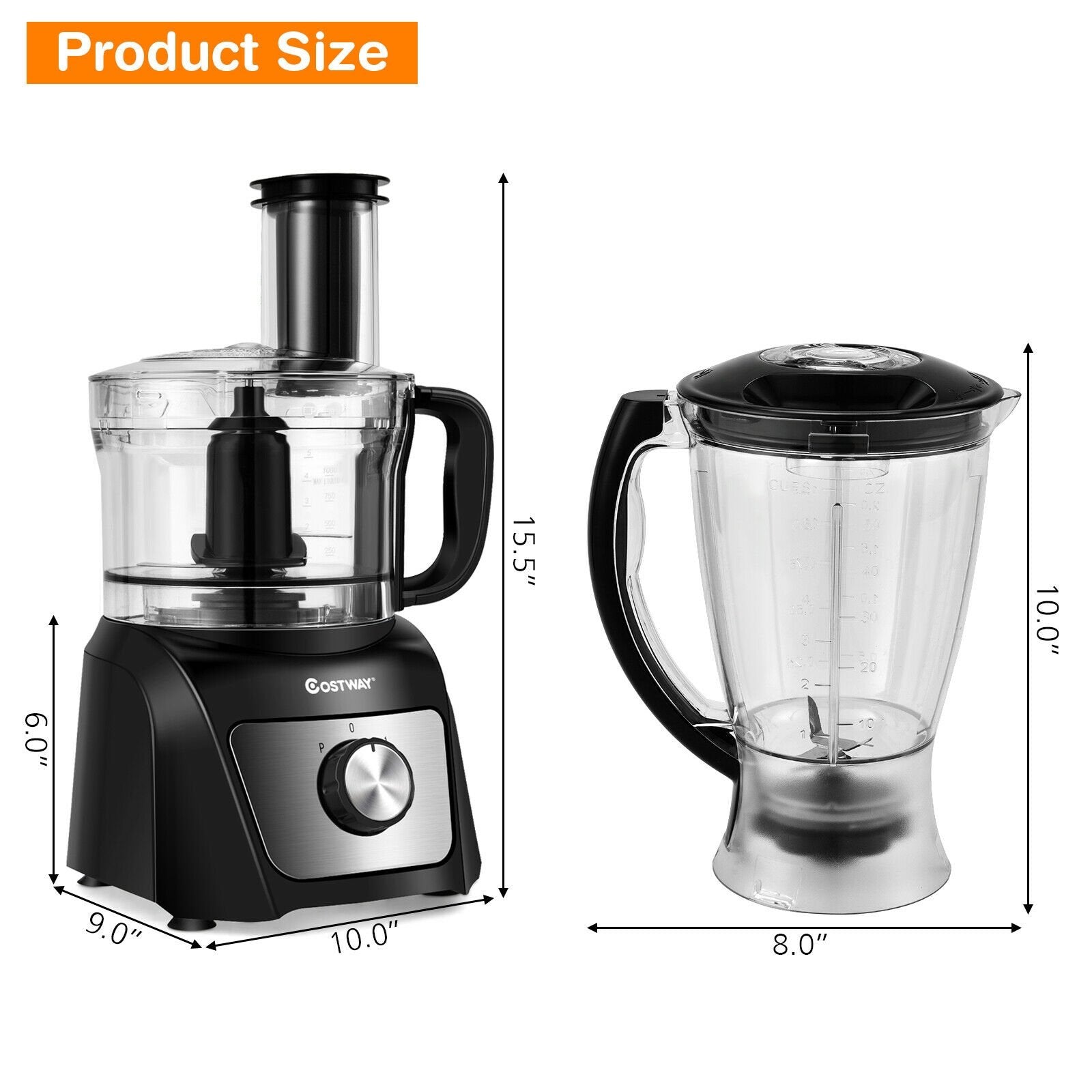 8 Cup Food Processor 500W Variable Speed Blender Chopper with 3 Blades, Black - Gallery Canada