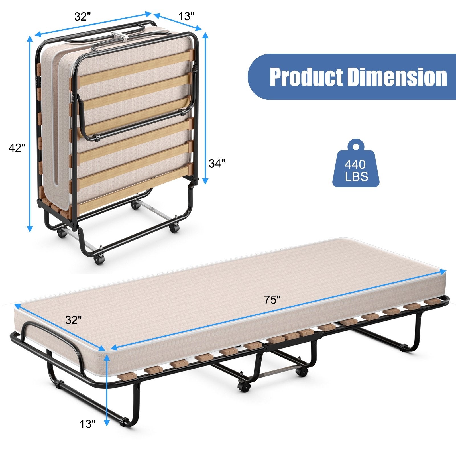 Portable Folding Bed with Memory Foam Mattress and Sturdy Metal Frame Made in Italy, Beige Folding Beds   at Gallery Canada