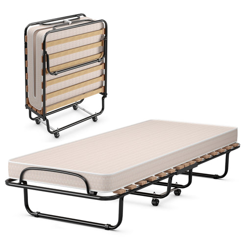 Portable Folding Bed with Memory Foam Mattress and Sturdy Metal Frame Made in Italy, Beige