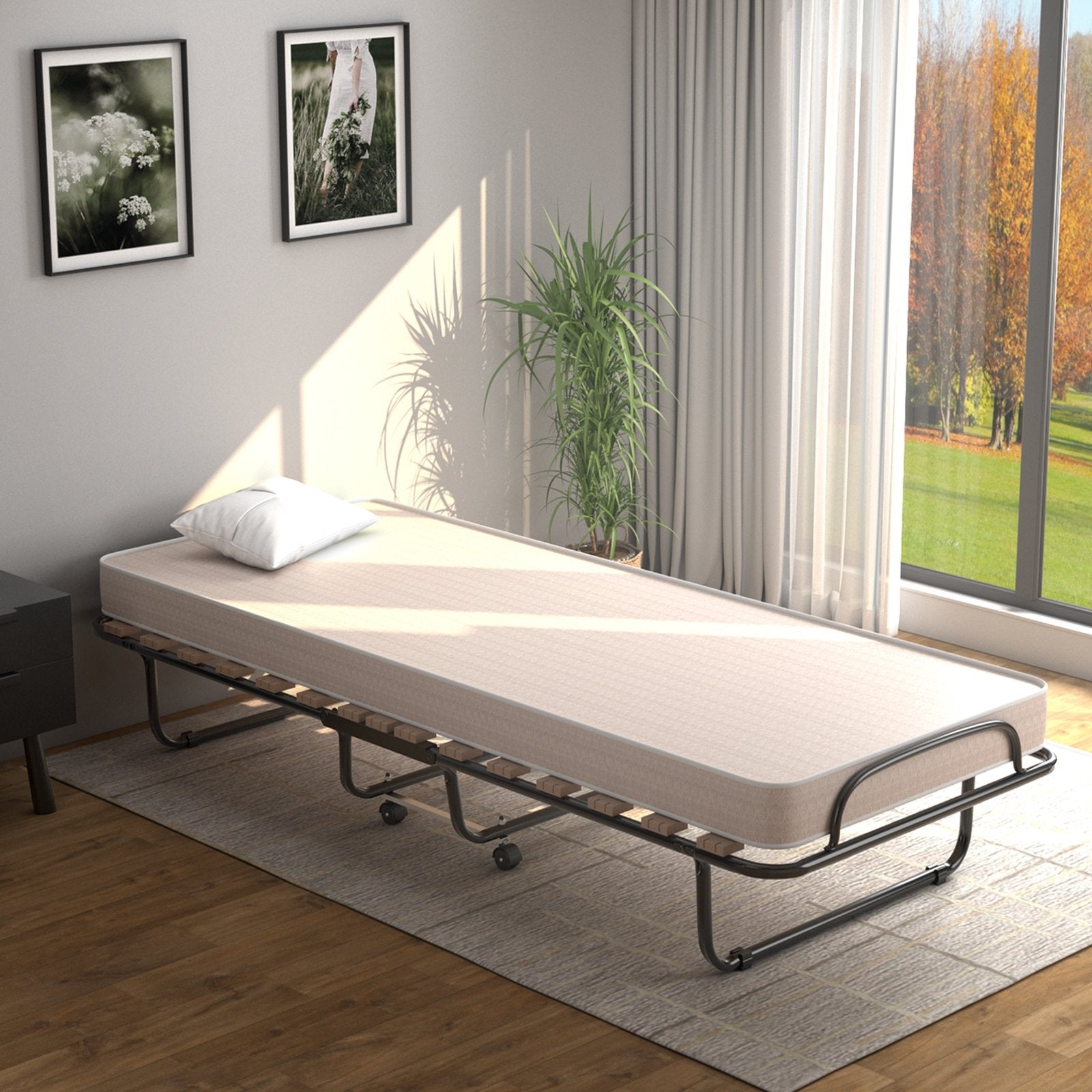 Portable Folding Bed with Memory Foam Mattress and Sturdy Metal Frame Made in Italy, Beige Folding Beds   at Gallery Canada