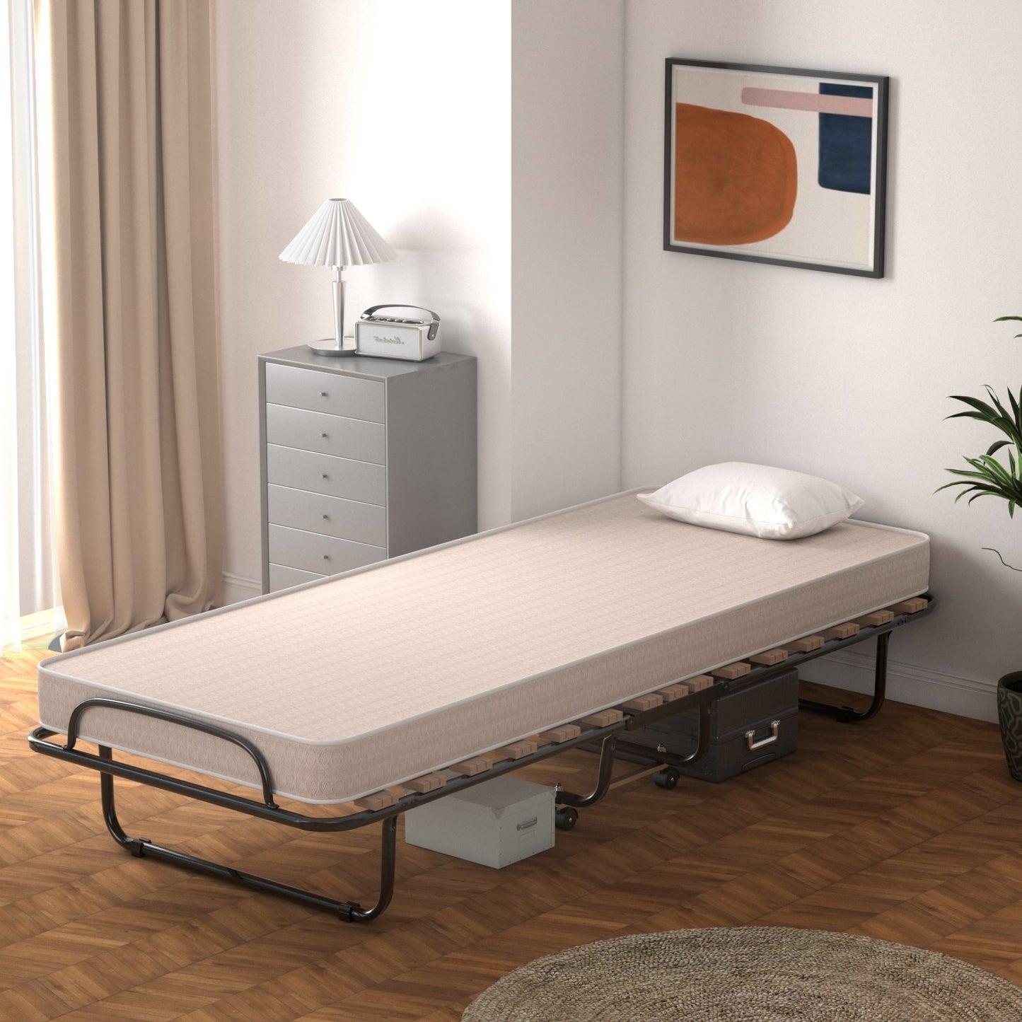 Portable Folding Bed with Memory Foam Mattress and Sturdy Metal Frame Made in Italy, Beige Folding Beds   at Gallery Canada