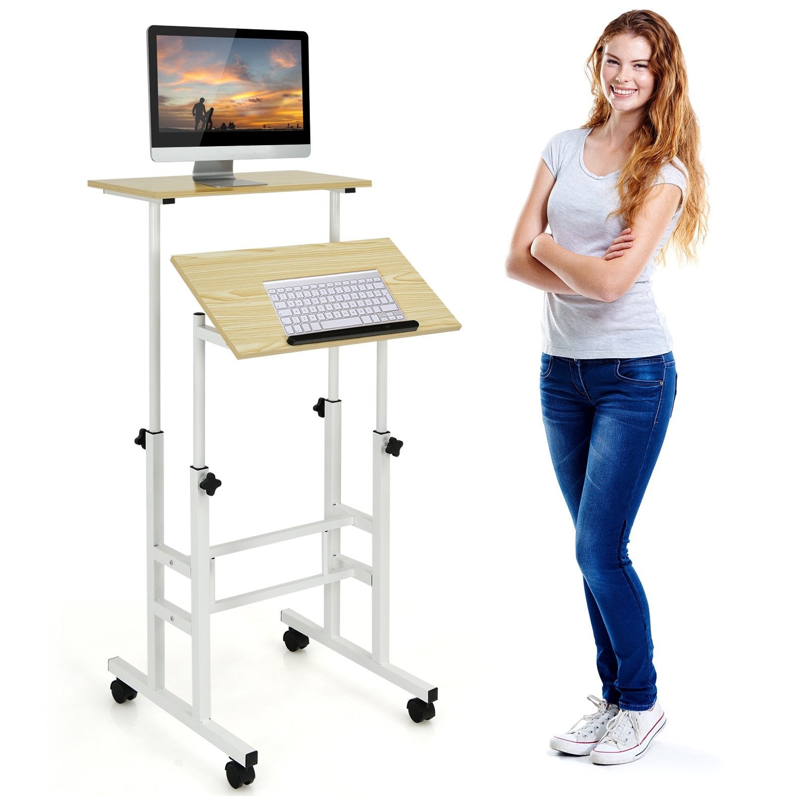 Height Adjustable Mobile Standing Desk with rolling wheels for office and home, Natural Laptop Tables & Printer Stands   at Gallery Canada